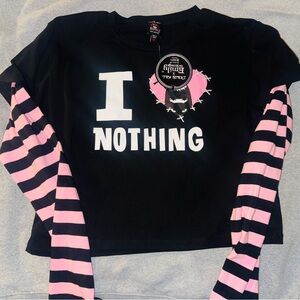 NWT Dolls Kill X Emily Strange  Black Tee with Pink Striped Sleeves